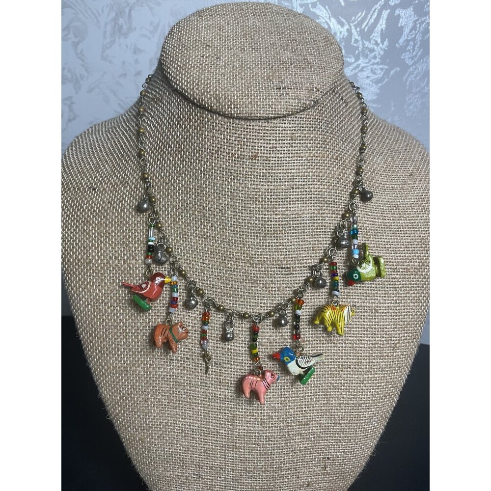 Charming Animal Charm Necklace With Colorful Beads & Antique Brass Chain